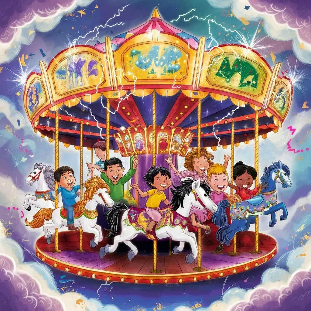 a group of children riding on a merry go round