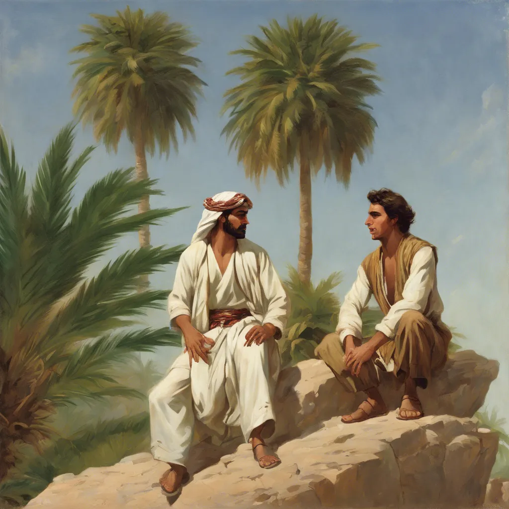 a painting of two men sitting on a rock