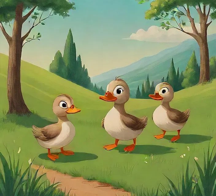 a group of ducks walking across a lush green field