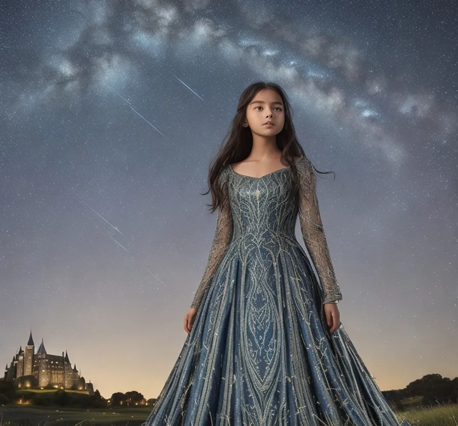 a woman in a blue dress standing in front of a castle