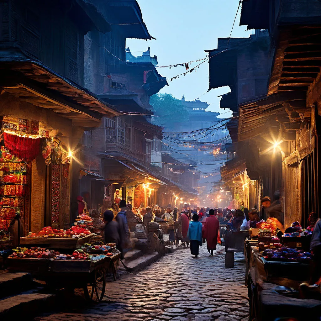 a group of people walking down a cobblestone street