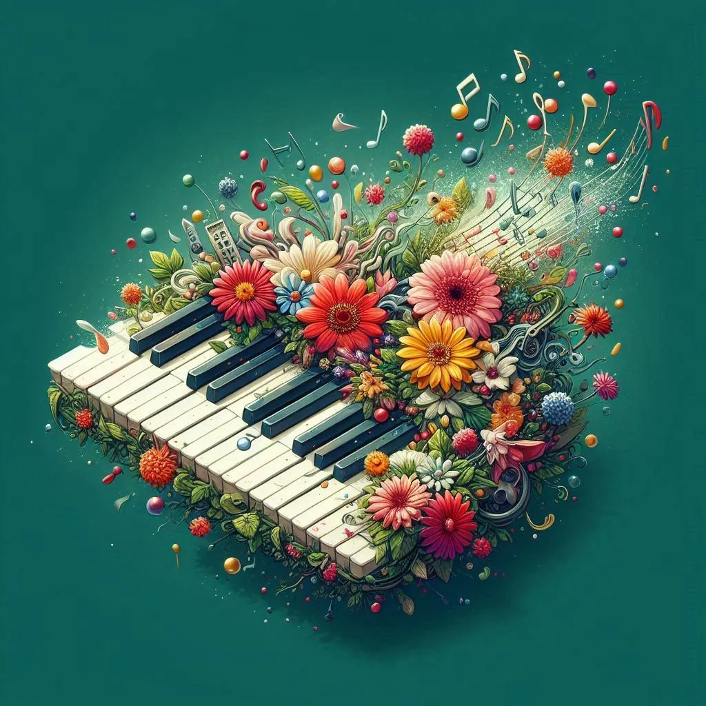 a piano surrounded by flowers and music notes