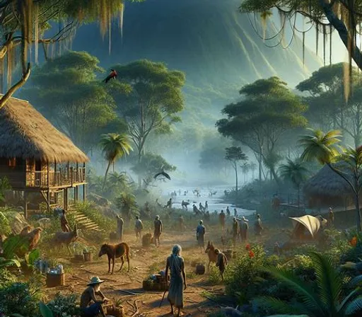 a painting of a jungle scene with people and animals