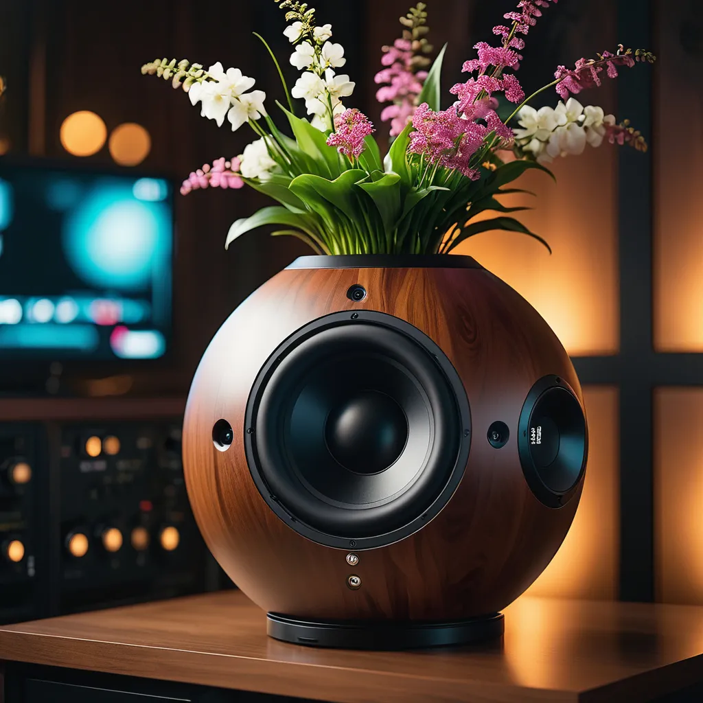 a wooden speaker with flowers in it on a table