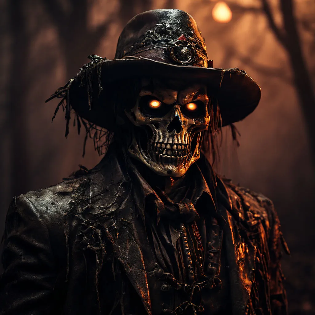 a skeleton wearing a hat with glowing eyes