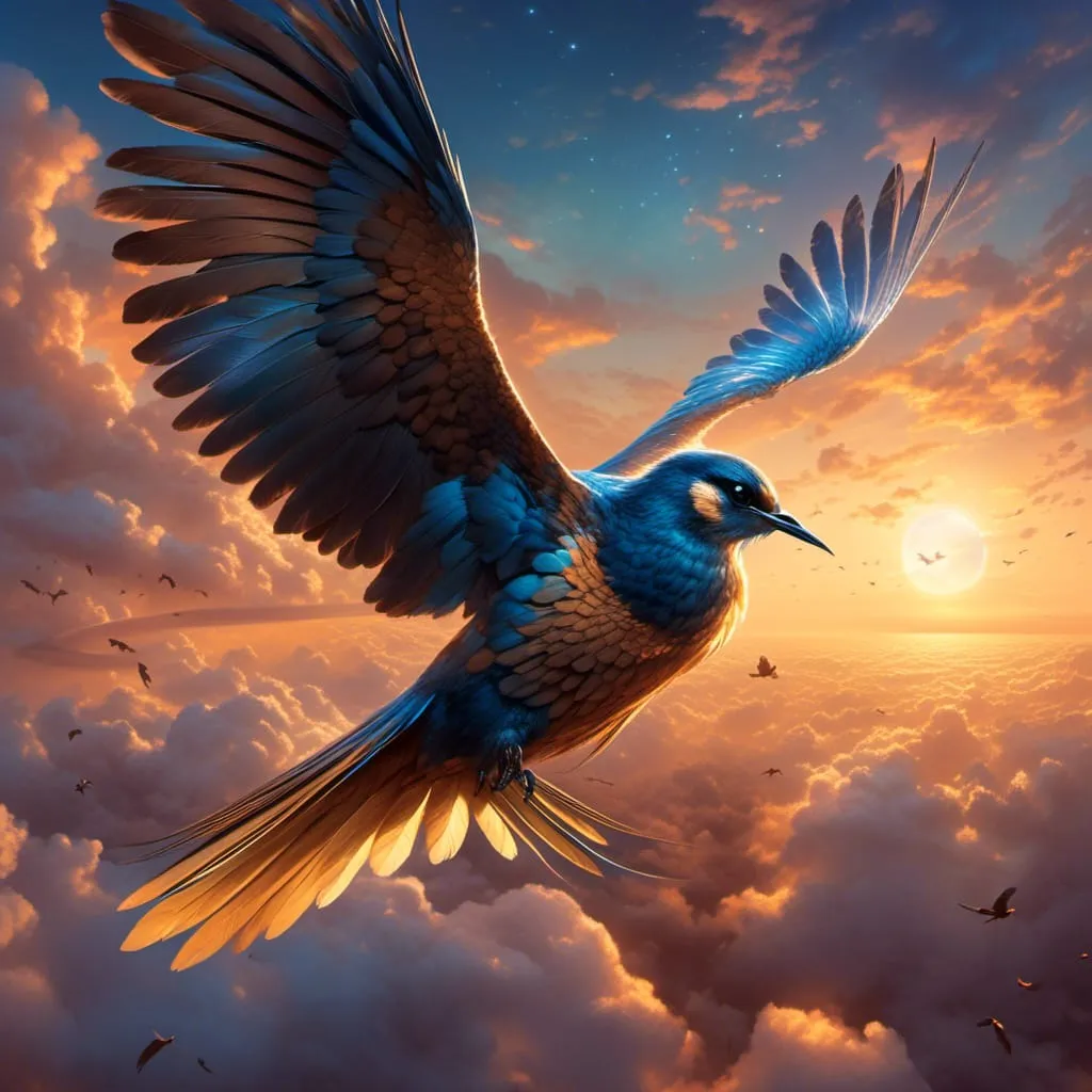 "Nova the beautiful bird spread her wings and took off, leaving behind her home, her memories, her past.  flew towards the horizon, following the sun, the stars, the wind. She flew towards her destination, her future, her fate."
