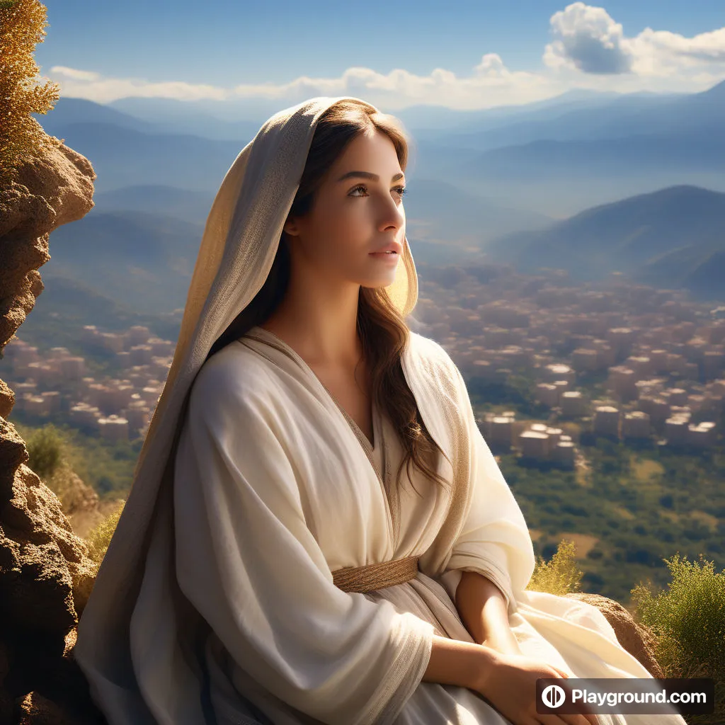 a woman in a white robe sitting on top of a hill