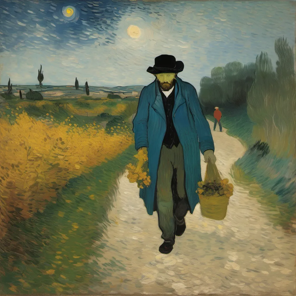 a painting of a man walking down a path