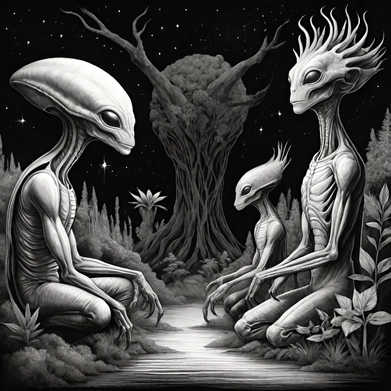 two aliens sitting in the middle of a forest