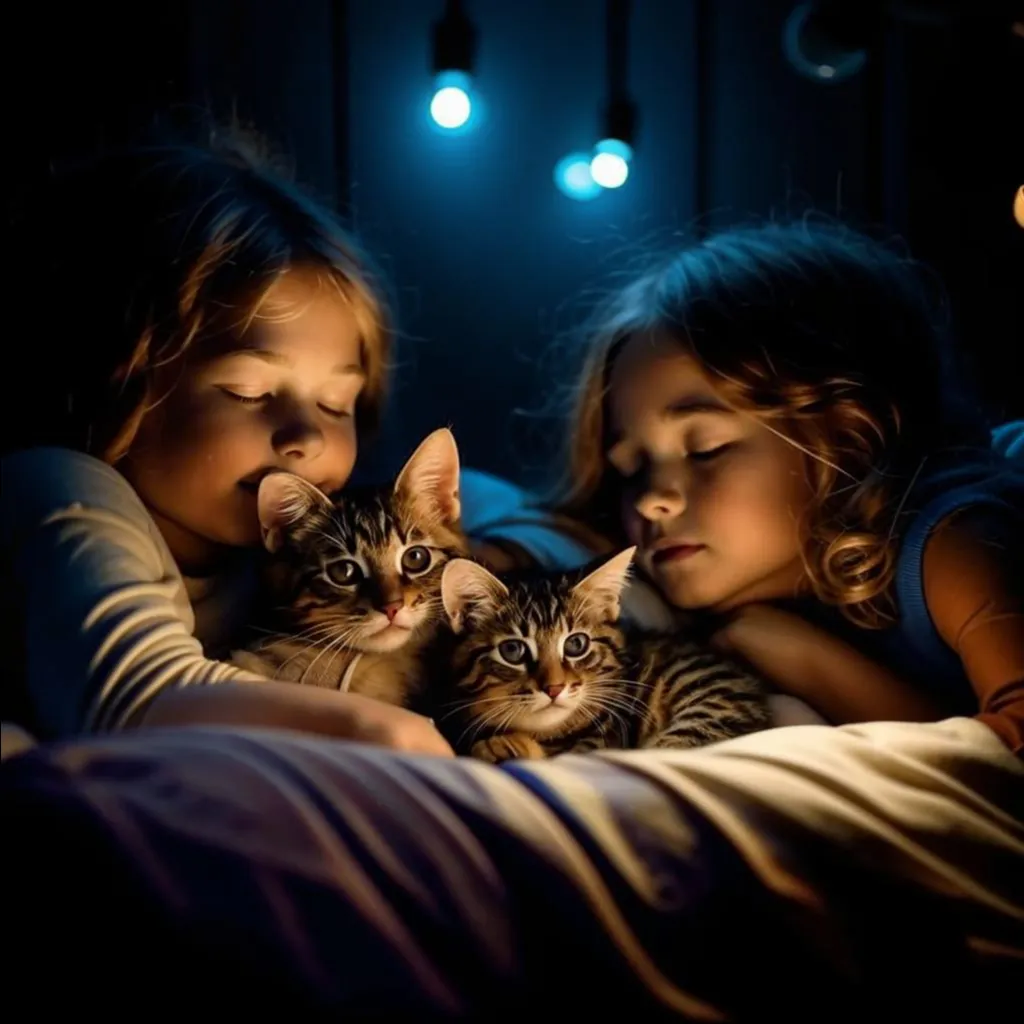 a couple of kids laying in bed with a cat