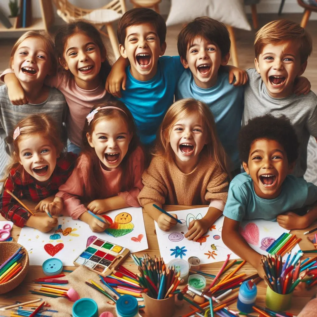 Expressions of joy and happiness as the group of children share special moments together, such as laughing, playing and creating art.