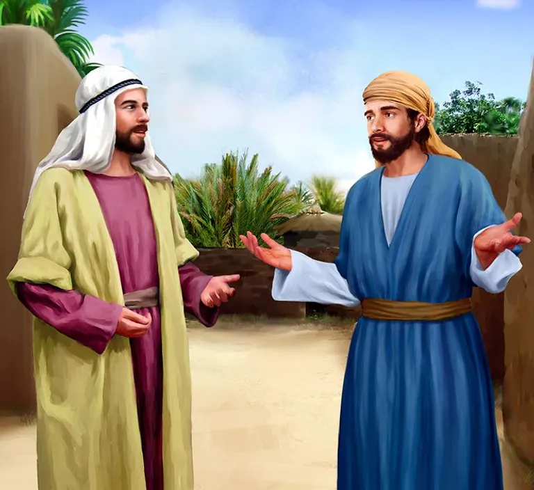 a painting of jesus talking to a man in a desert