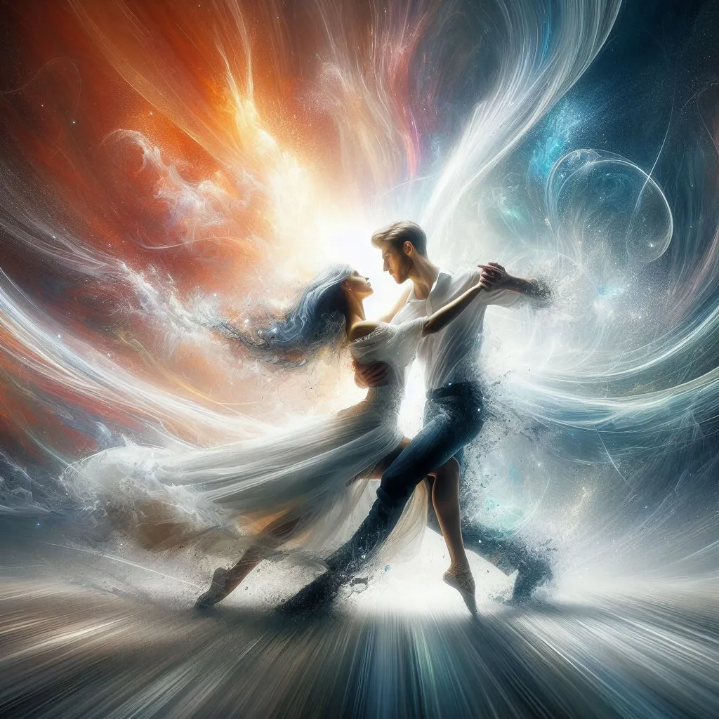 image of man and woman dancing together in a whirlwind of emotions as the setting around them transforms into an explosion of light and color