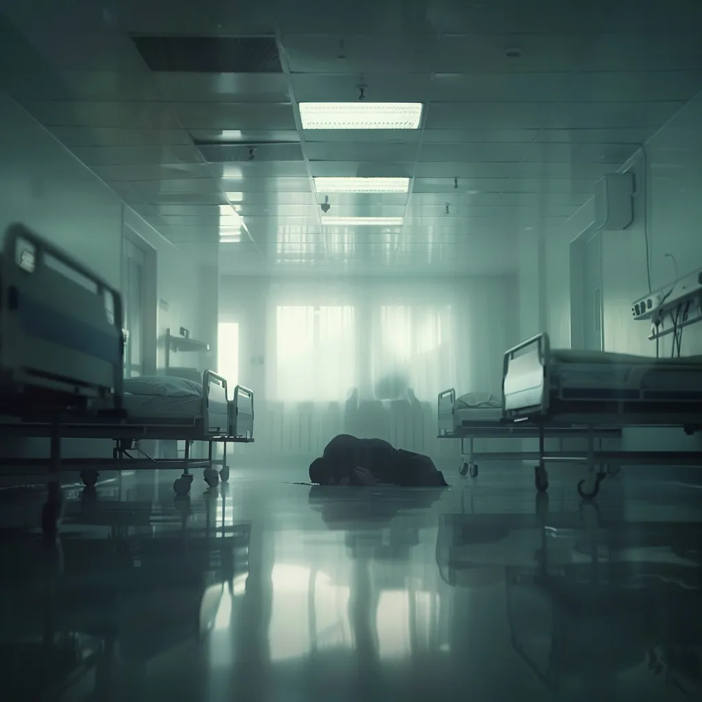 a hospital room filled with beds and a person laying on the floor