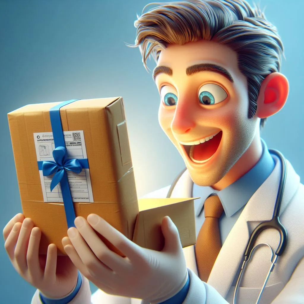 a cartoon doctor holding a box with a blue ribbon around it