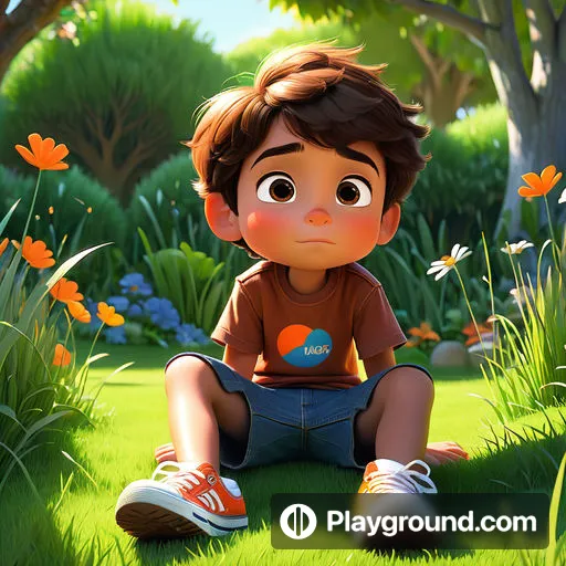 a boy sitting in the grass with flowers around him