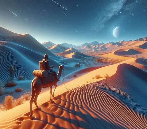 a painting of a man riding a camel in the desert