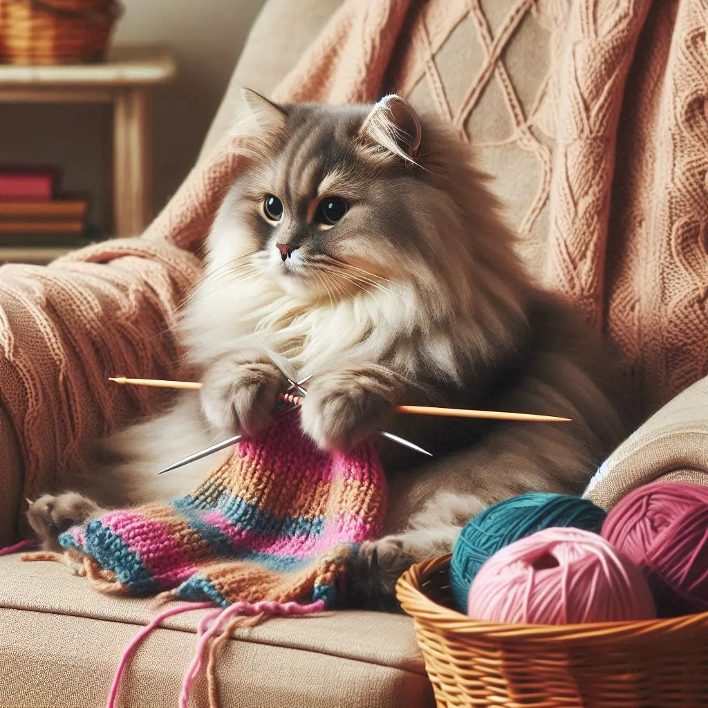 A cat knits a scarf with knitting needles.the movement of the paws in time with knitting