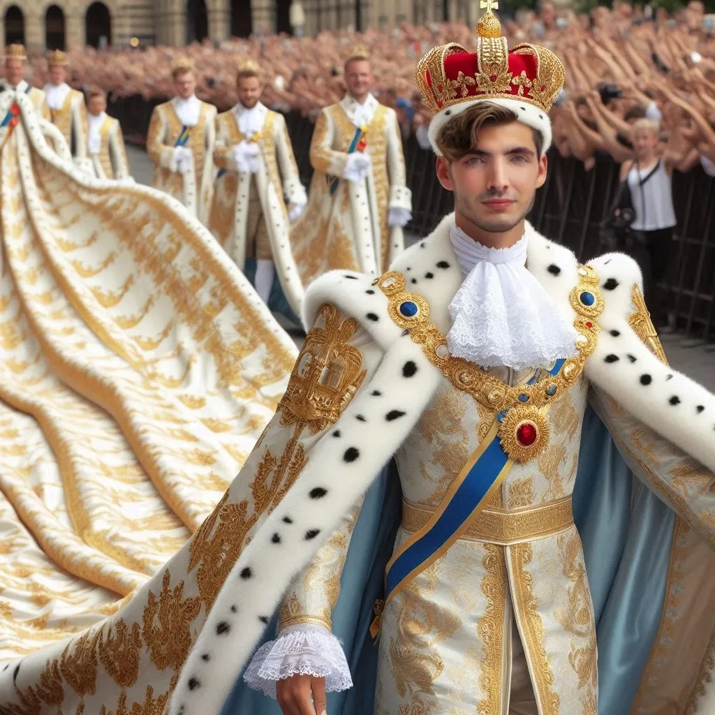 a man in a white and gold outfit with a crown