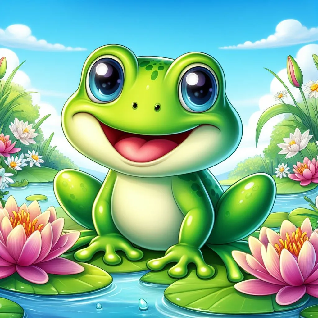 a cheerful green frog named Harry sitting on a bright, lily-covered pond under a clear blue sky, ready to leap