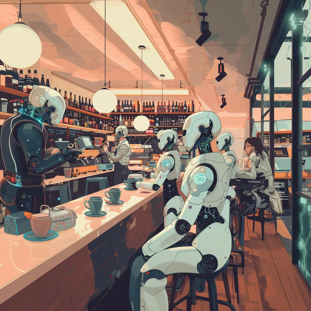 a couple of robots sitting at a bar