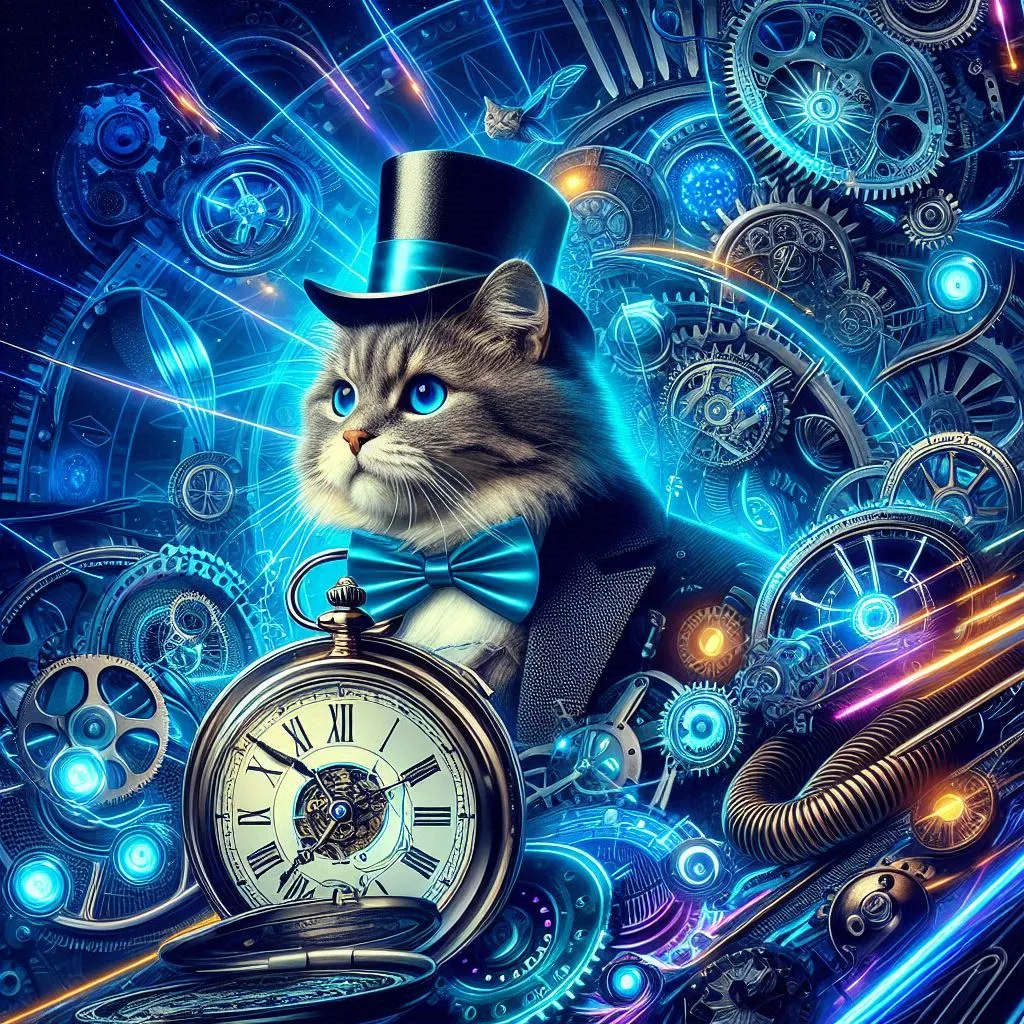 a cat wearing a top hat and bow tie next to a clock