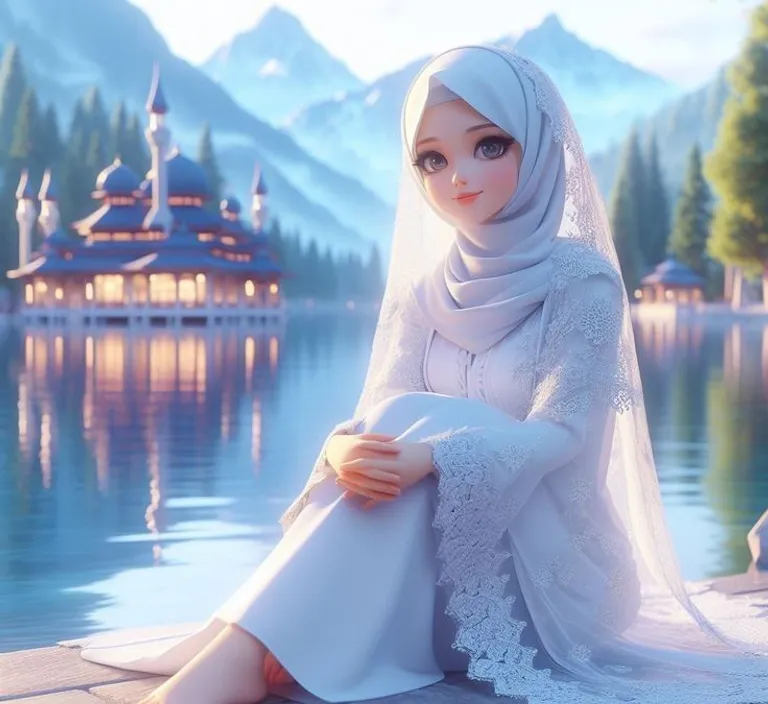 a woman in a white hijab sitting on a dock