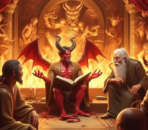 a painting of a devil sitting in front of a demon