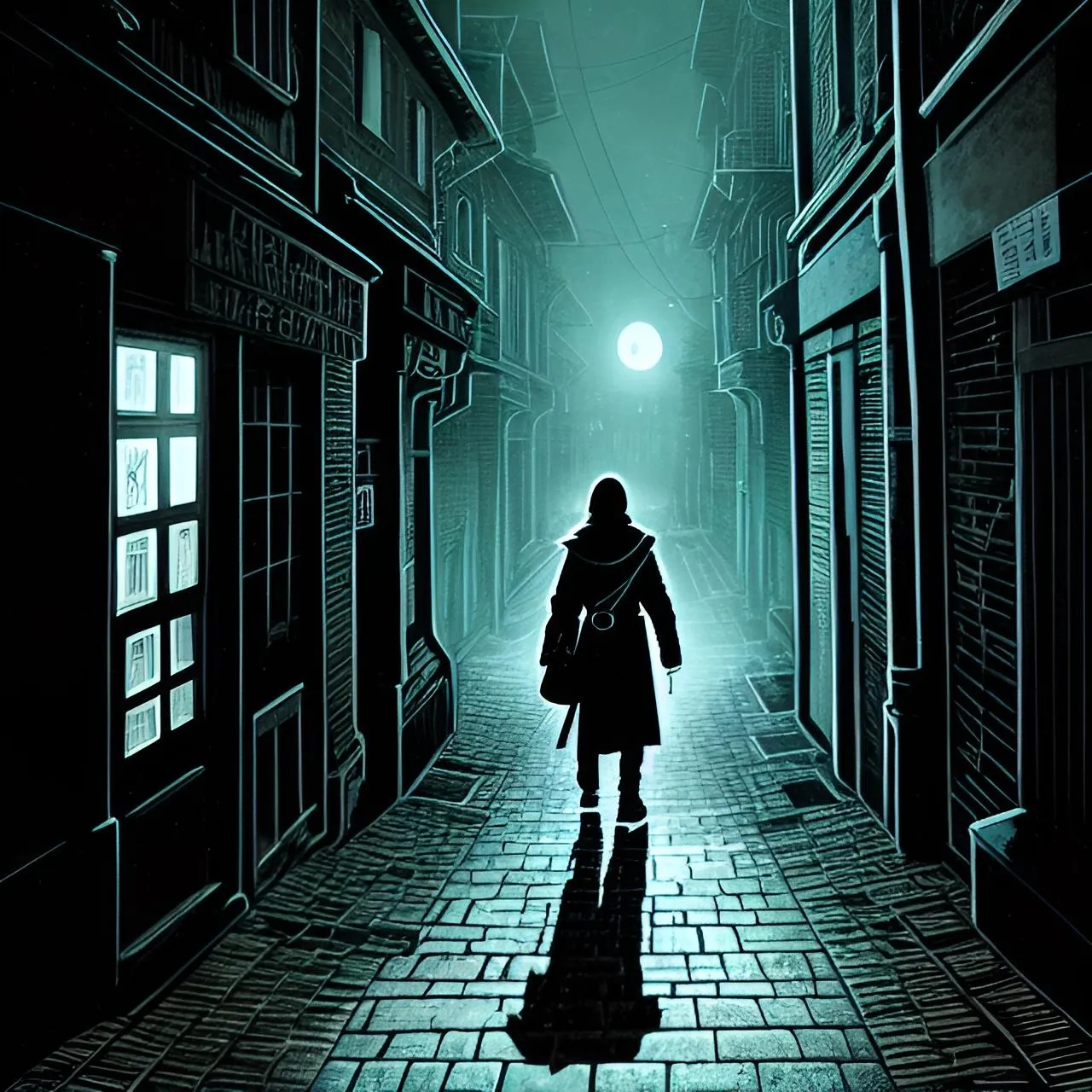 a woman walking down a dark alley way