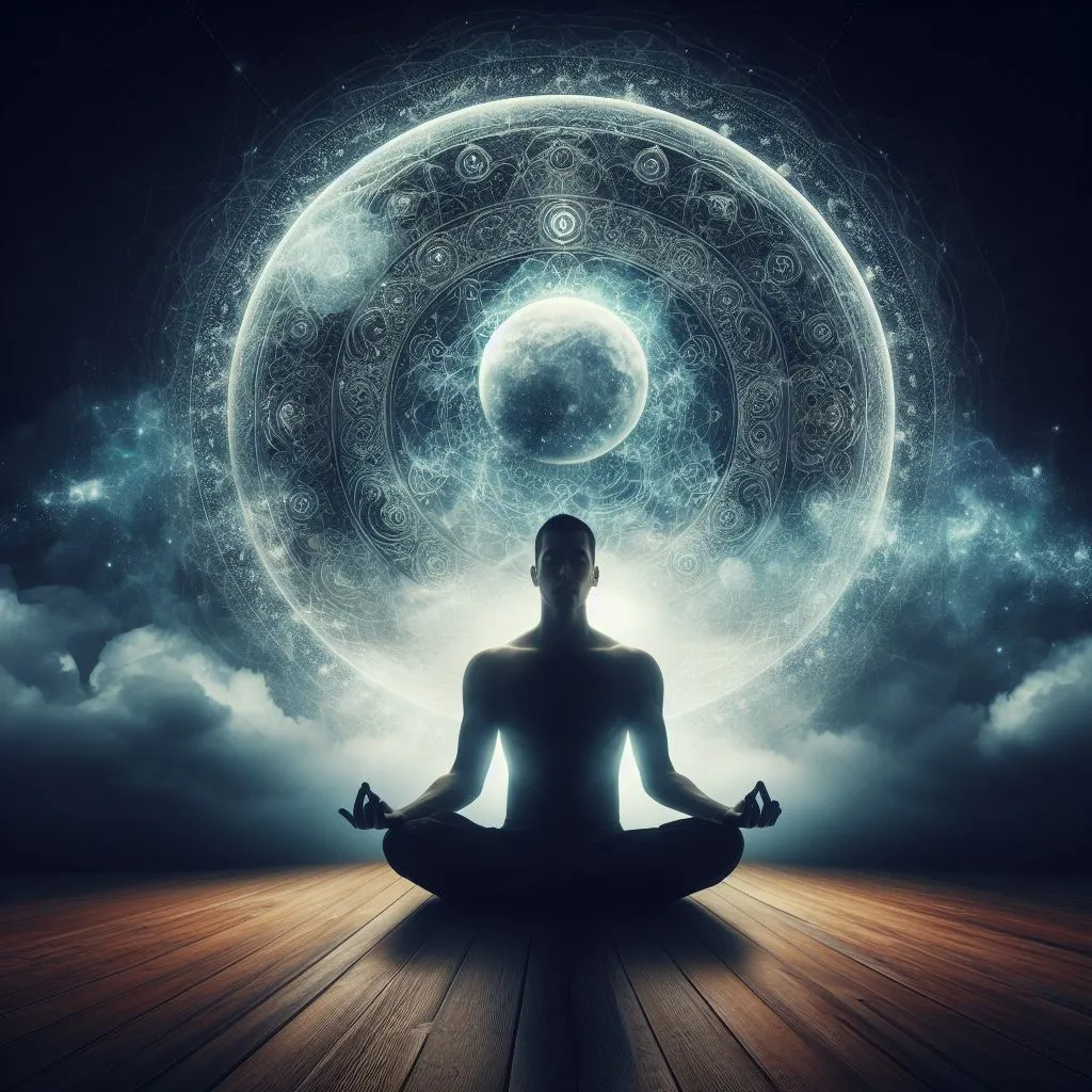 a person sitting in a lotus position in front of a large moon, meditating