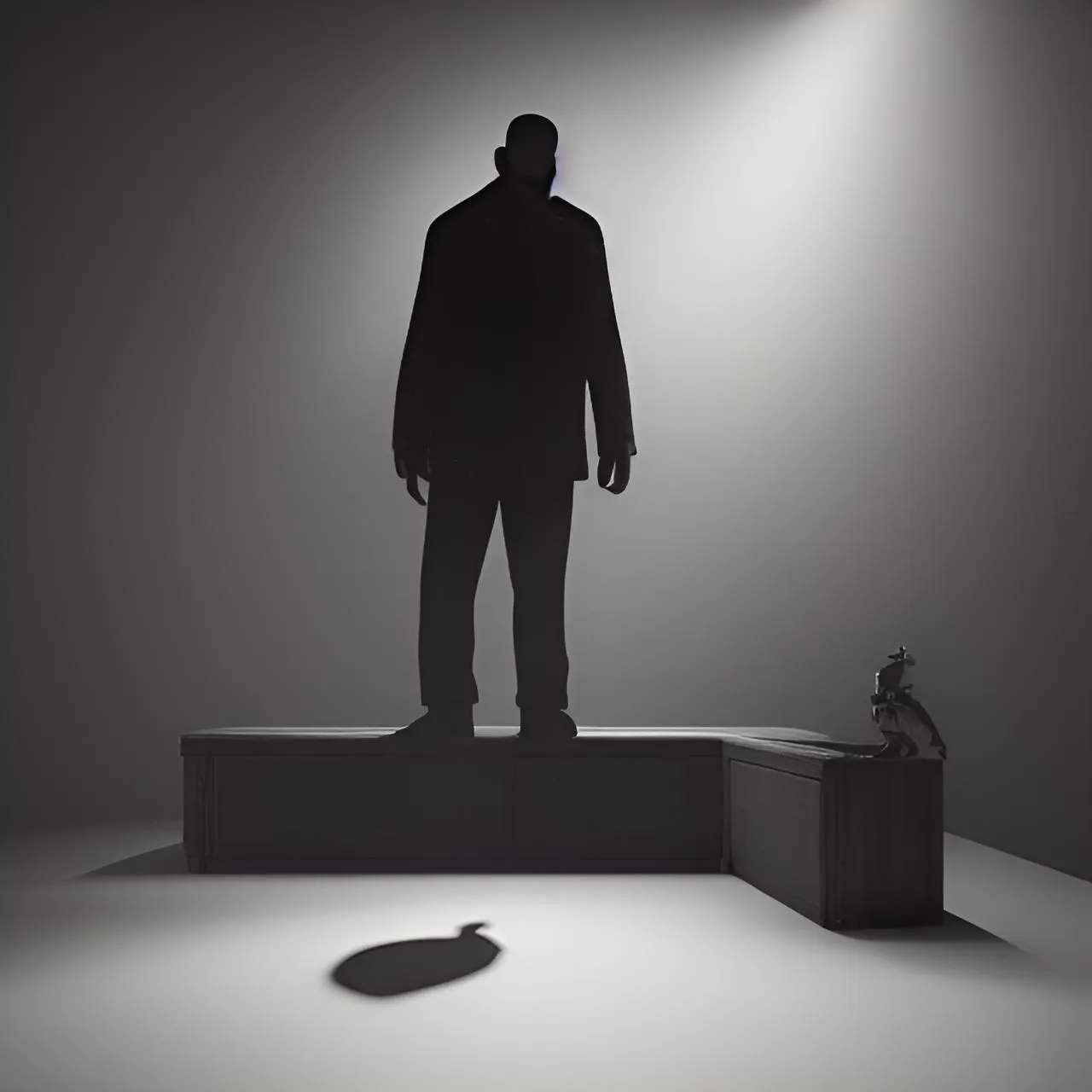 a black and white photo of a man standing on a podium