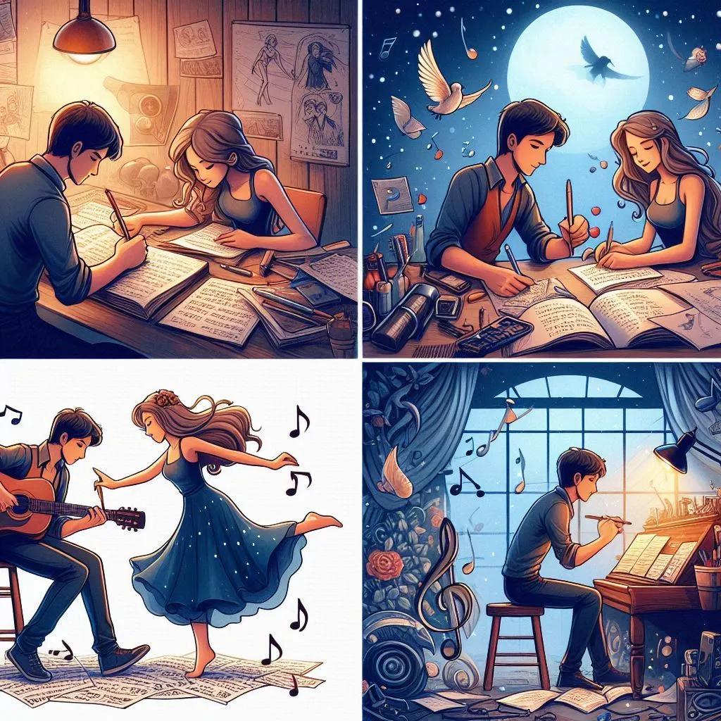 image of scenes showing the creative process of the protagonists, with him writing lyrics while she dances to the song.