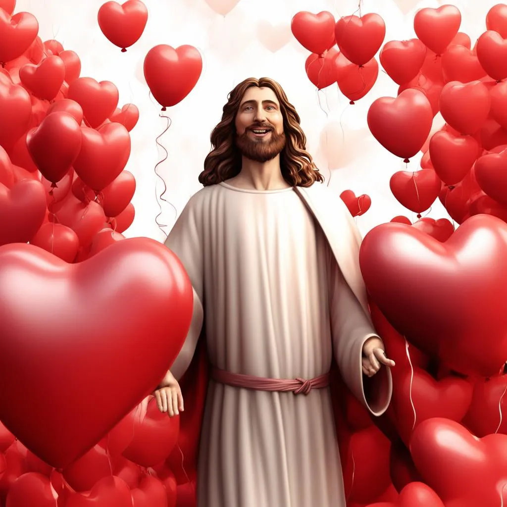 a painting of jesus surrounded by heart balloons