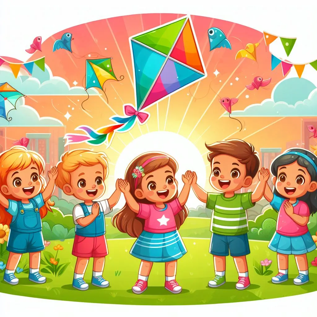 a group of children standing in front of a kite