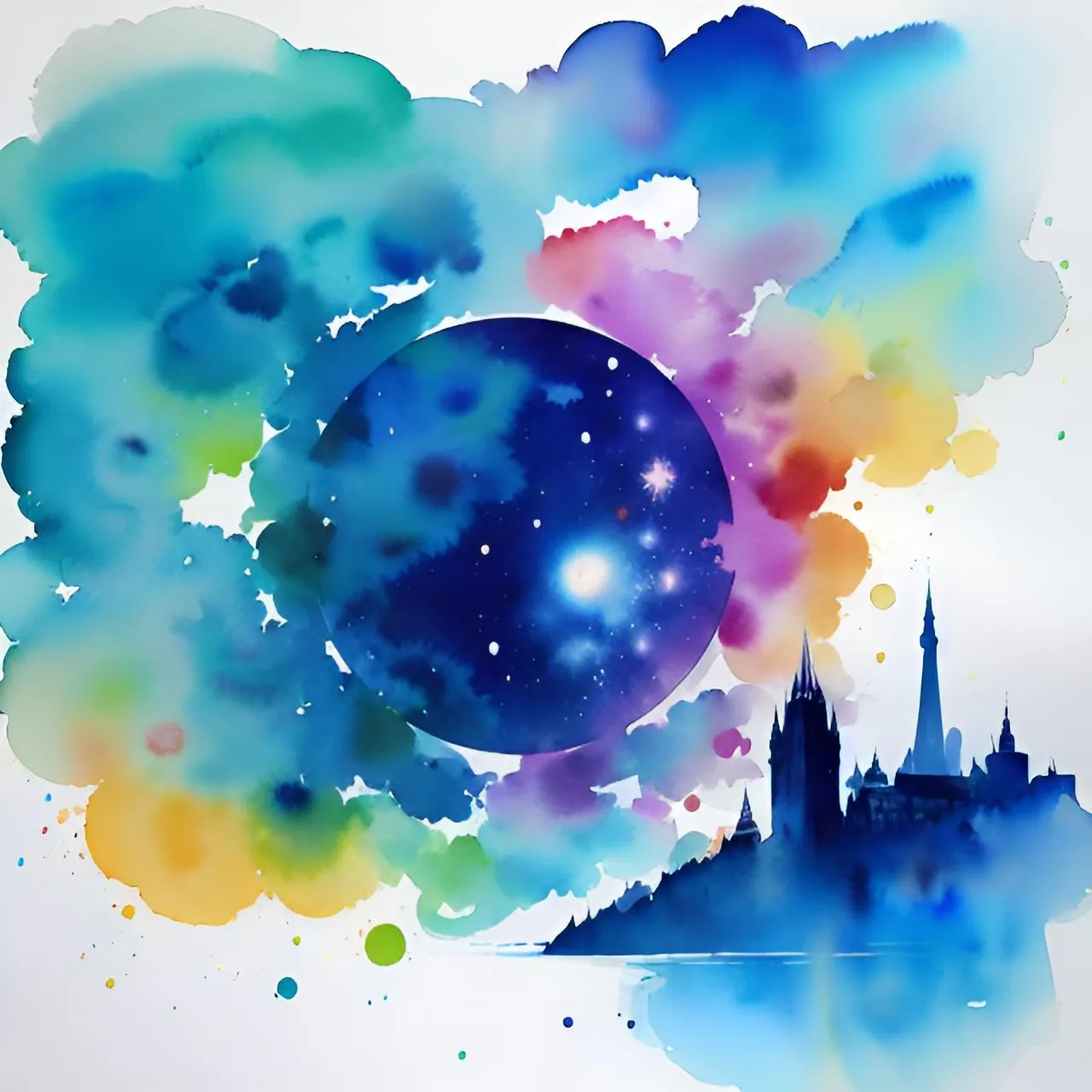 a watercolor painting of a castle in the sky