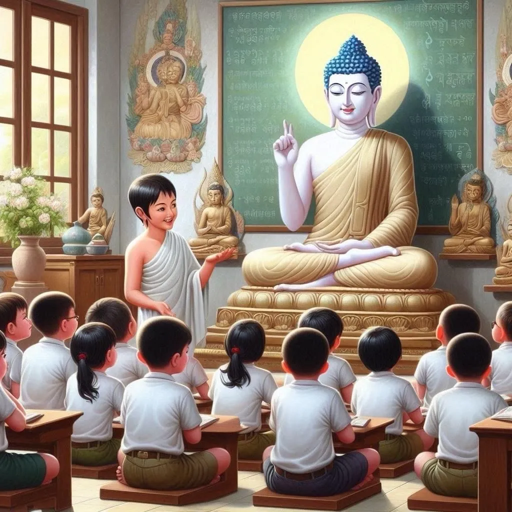 in the temple Buddha give a lesson to his students , advertising style