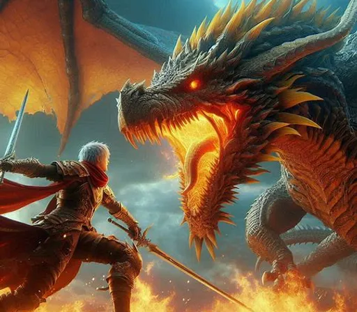 a dragon and a knight fighting over a fire