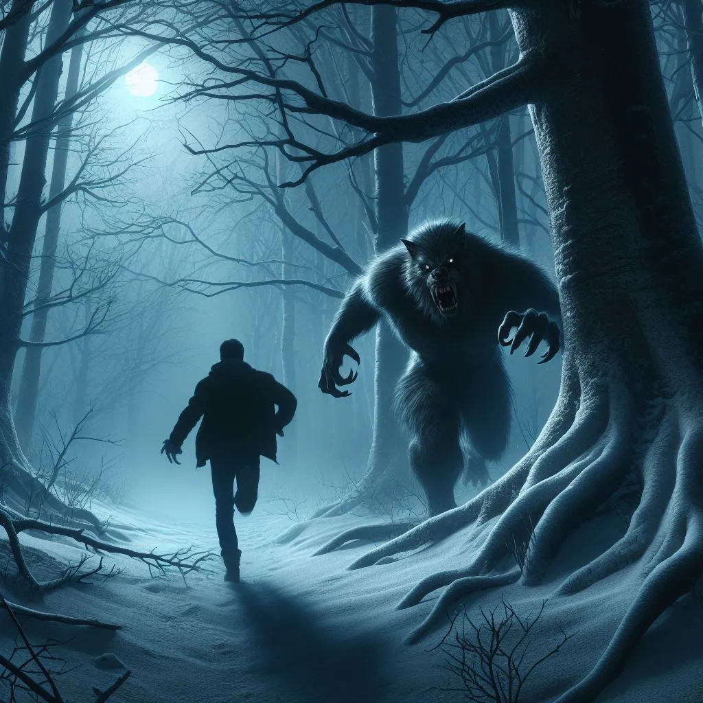 a werewolf chasing a man in the snow