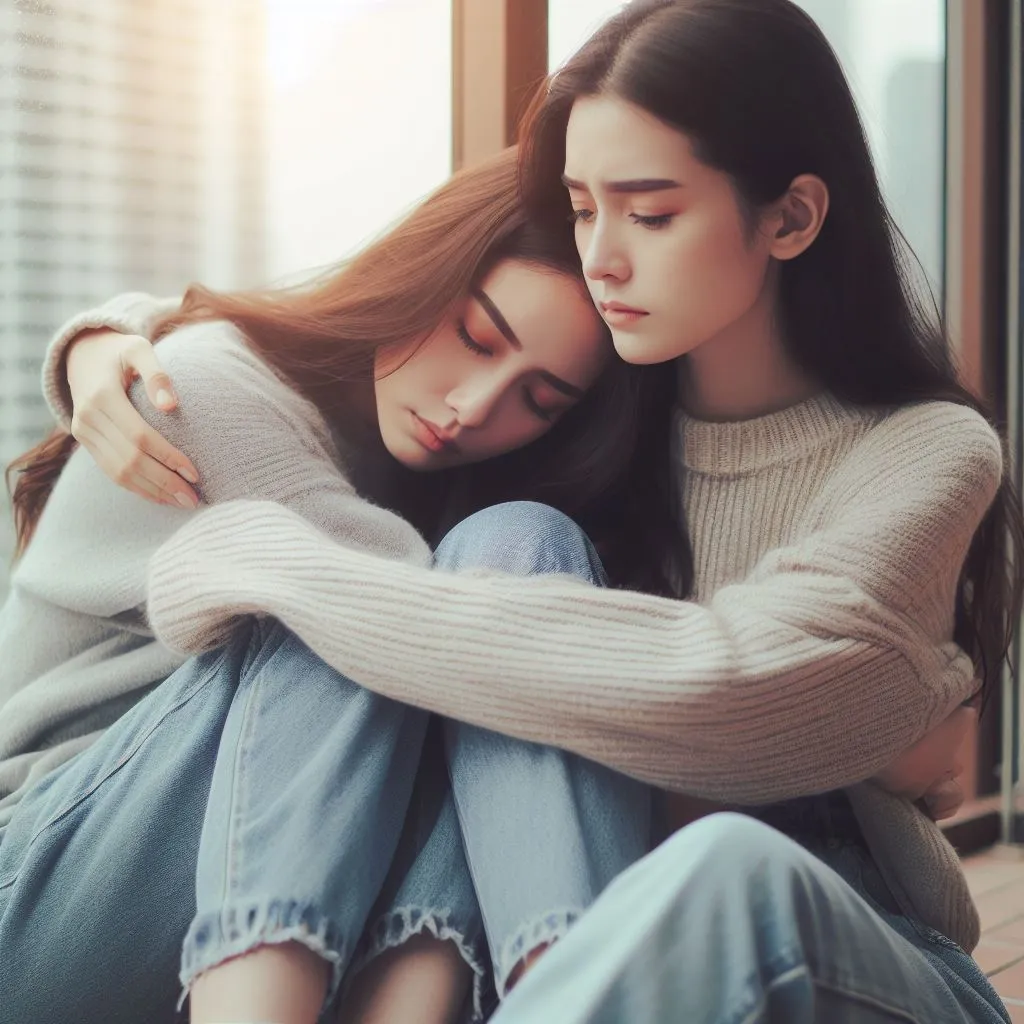 two women hugging each other while sitting on a window sill