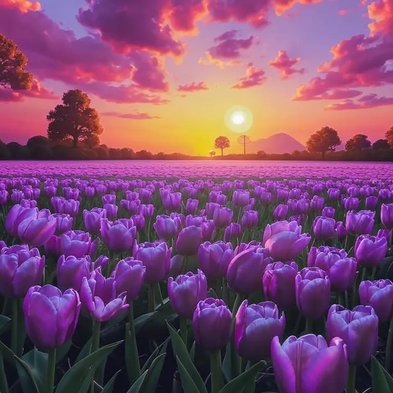 a field of purple tulips with a sunset in the background