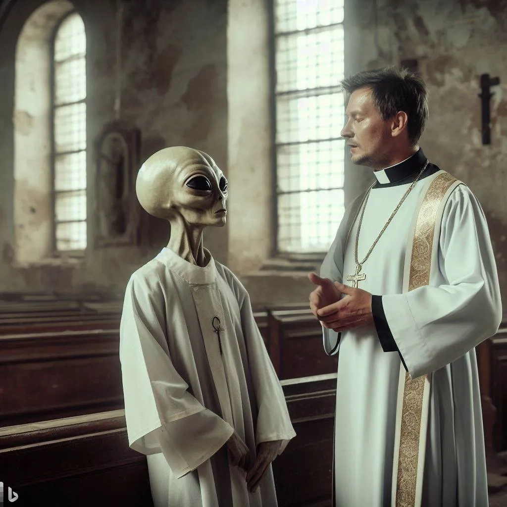 a man standing next to an alien in a church