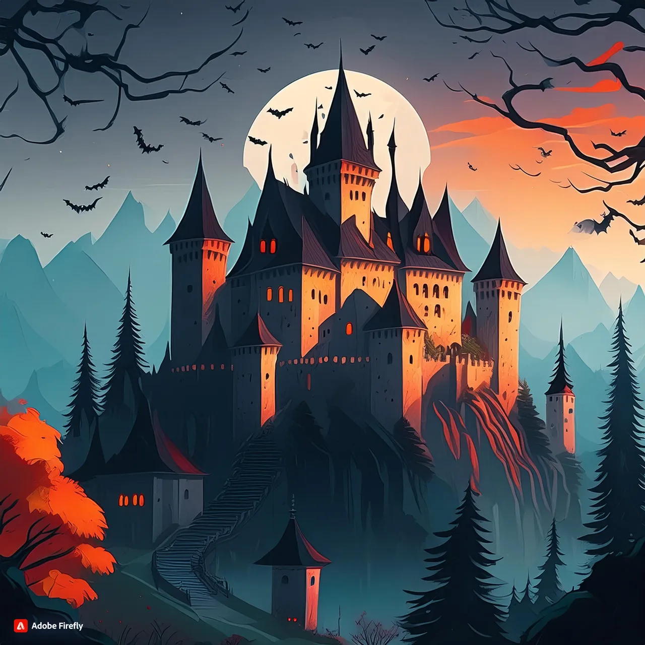 a painting of a castle on a hill at night