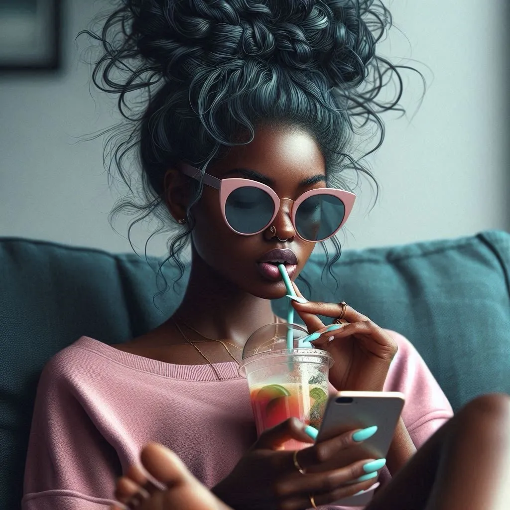 the girl moves her fingers and nods her head. smiles at her phone while sipping a drink, looking completely
unbothered with their feet up she wiggles her toes, scrolling through their phone. sitting on a sofa... make is stylish and very detailed teal, pink, advertising style