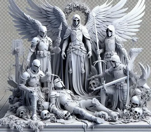 a statue of a group of people with wings