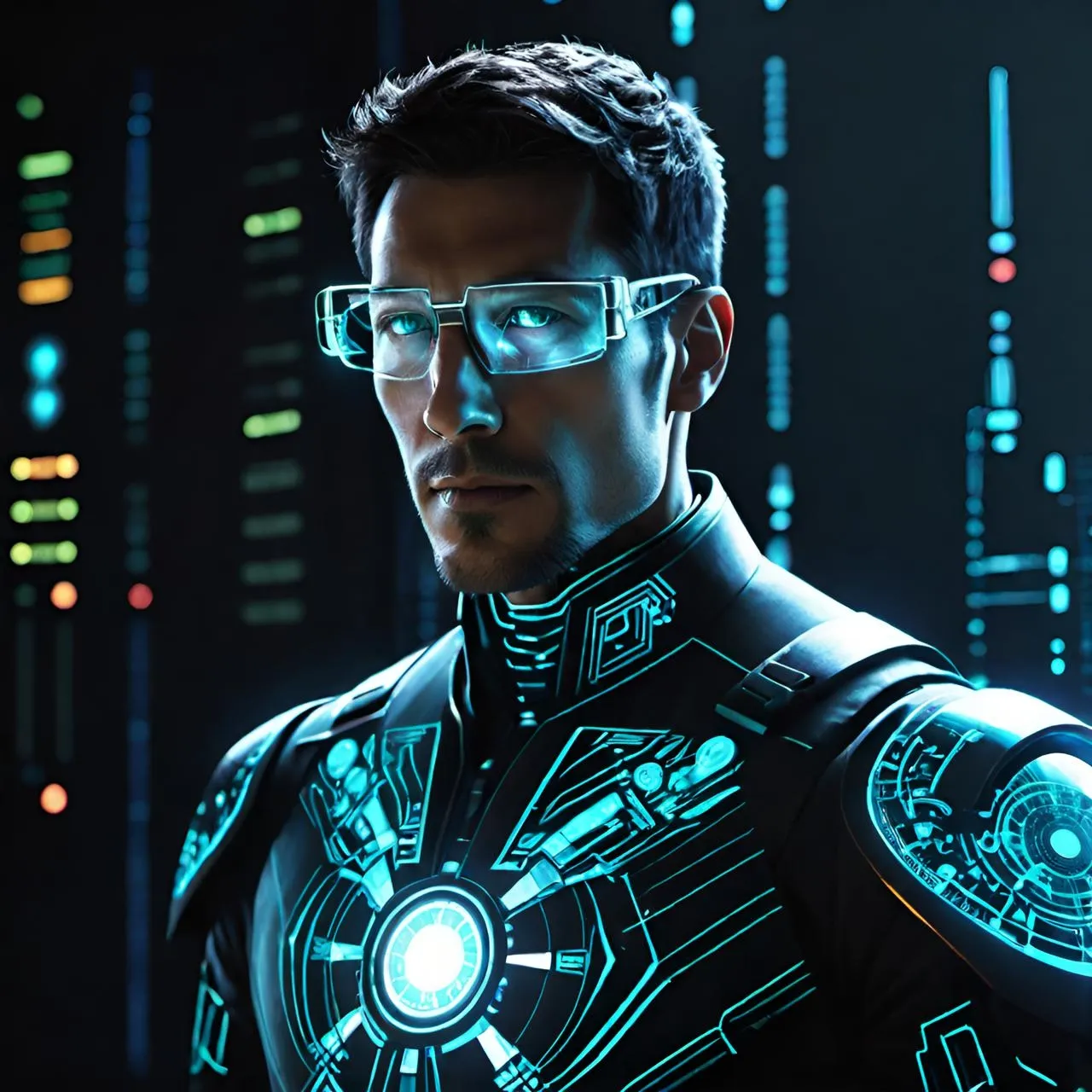 a man in a futuristic suit with glowing glasses