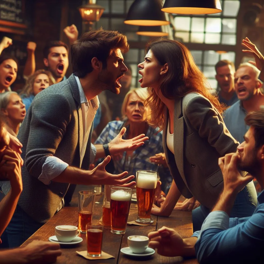 image of a heated argument erupts between the protagonists in a crowded cafe, their emotions reaching a boiling point.