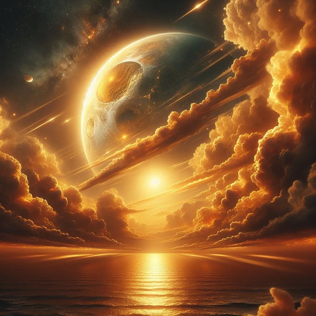 a painting of a sunset with clouds and planets