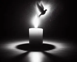 a lit candle with a bird flying over it