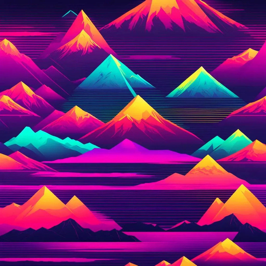 a colorful mountain scene with mountains in the background