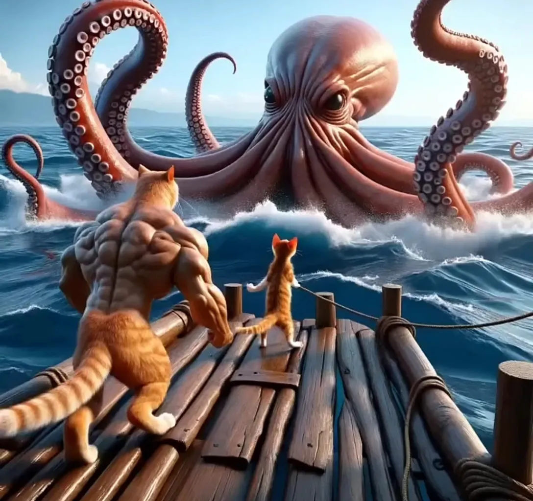 an octopus and a cat on a dock in the ocean